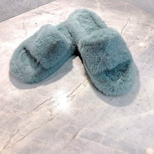 Sage green furry slides with rubber sole inside/outside size 8